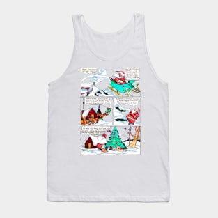 Santa Claus arrives in his sleigh with his reindeer friends to leave the gifts under the snow-filled Christmas tree Retro Vintage Comic Book Tank Top